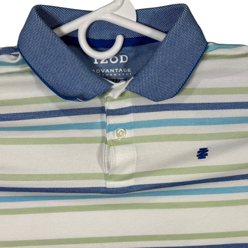 IZOD Advantage Performance Polo Shirt Mens Large Striped Golf Stretch Blue Green